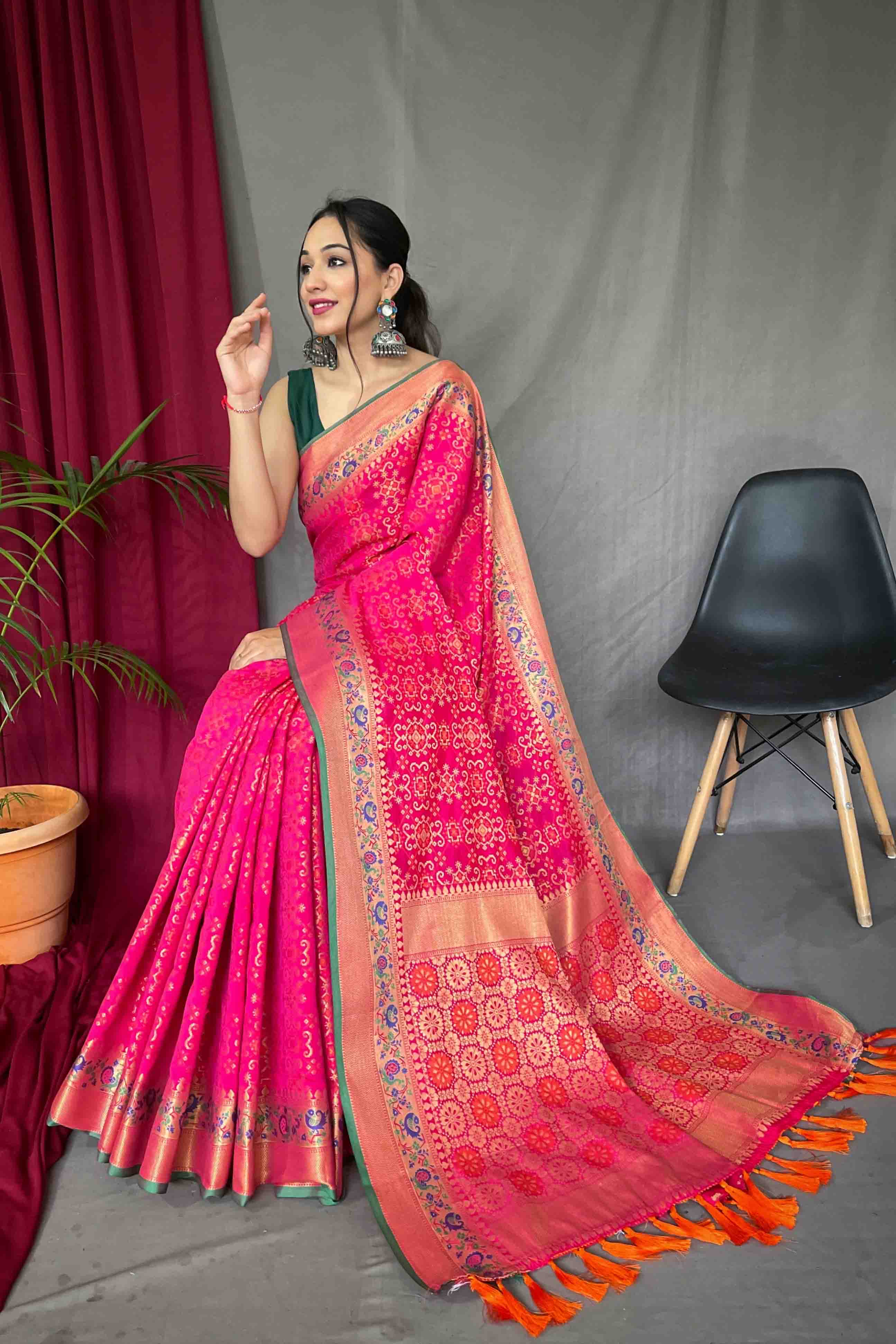 Elegant Pink Pure Georgette Bandani Patola Saree with Zari Weaving & Luxurious Heavy Work main image 0