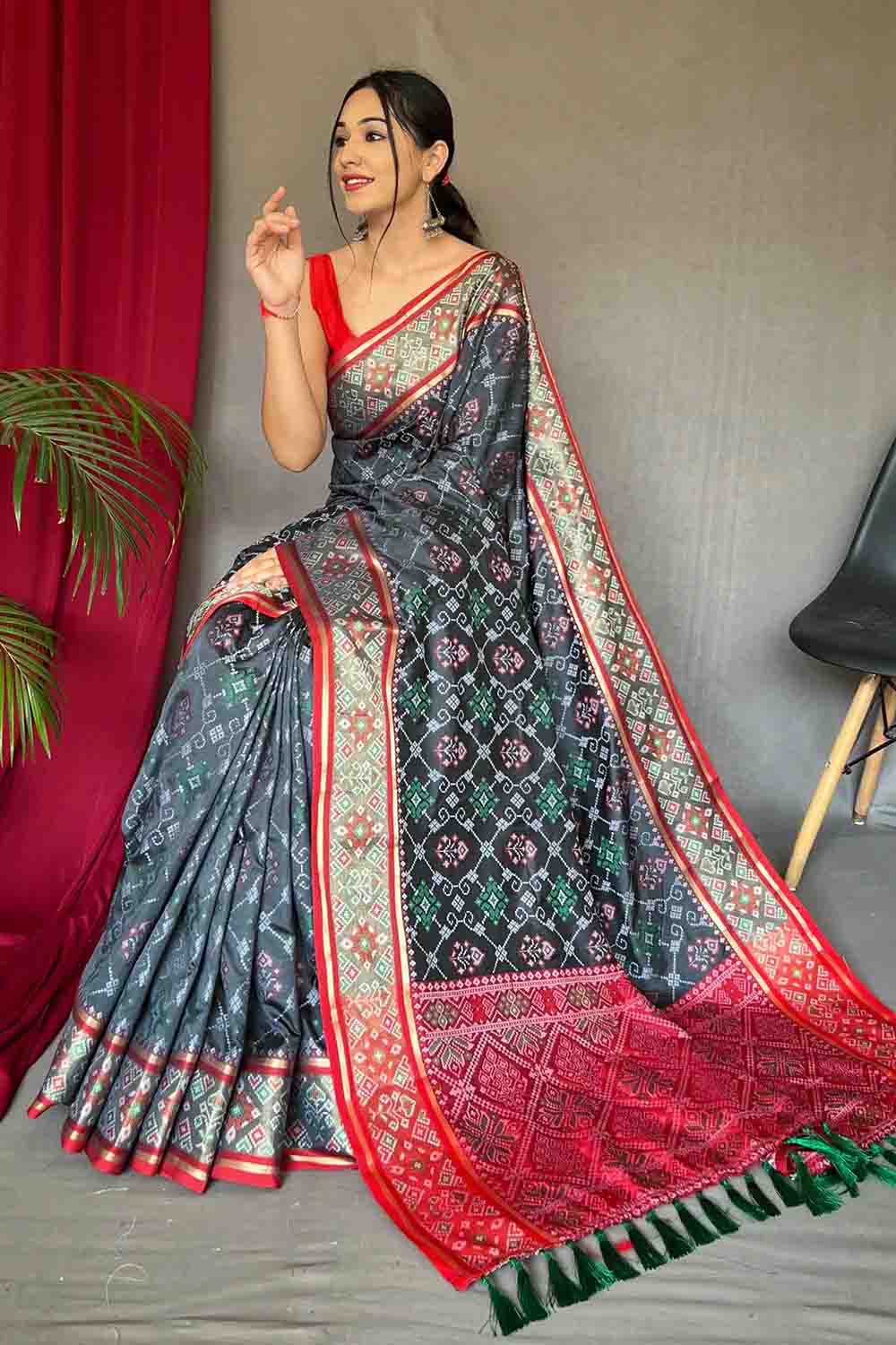 Nylon Silk Saree with Patola Print and Gold Zari Border for Women