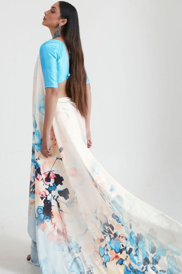 White & Blue Satin Silk Digital Printed Saree