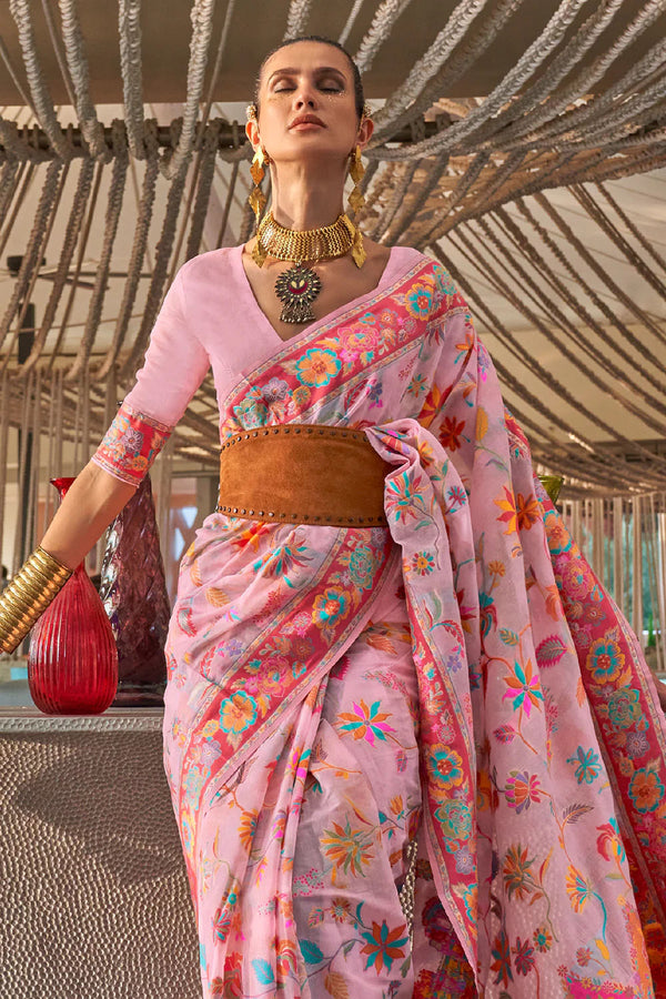 Flamingo Pink Modal Silk Kashmiri Weaving Saree