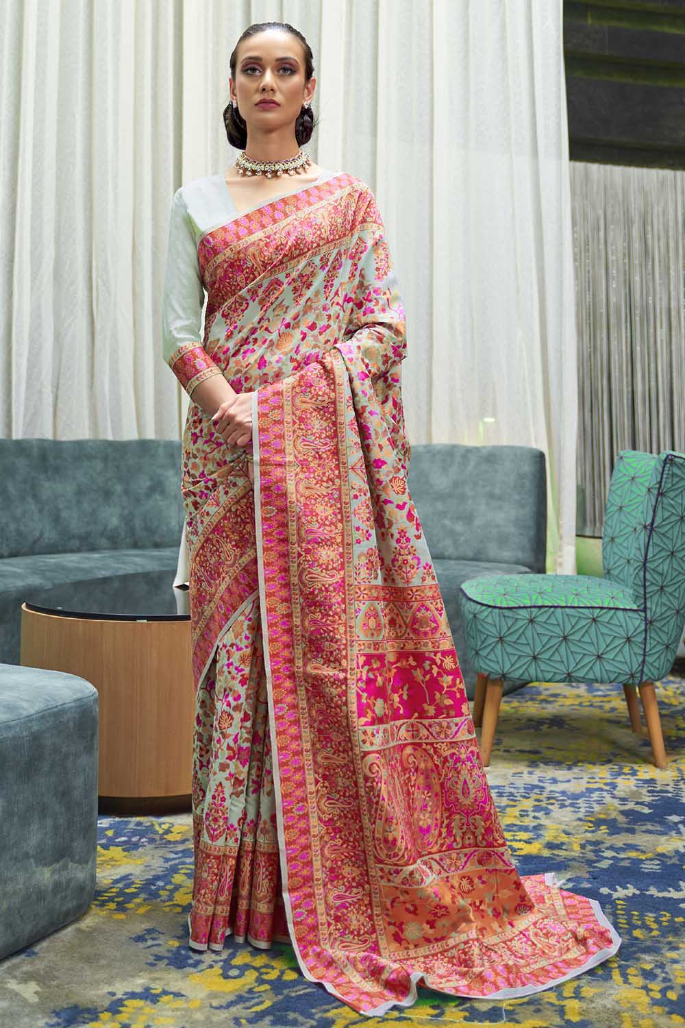 Green and Red Modal Silk Patola Print Saree and Blouse