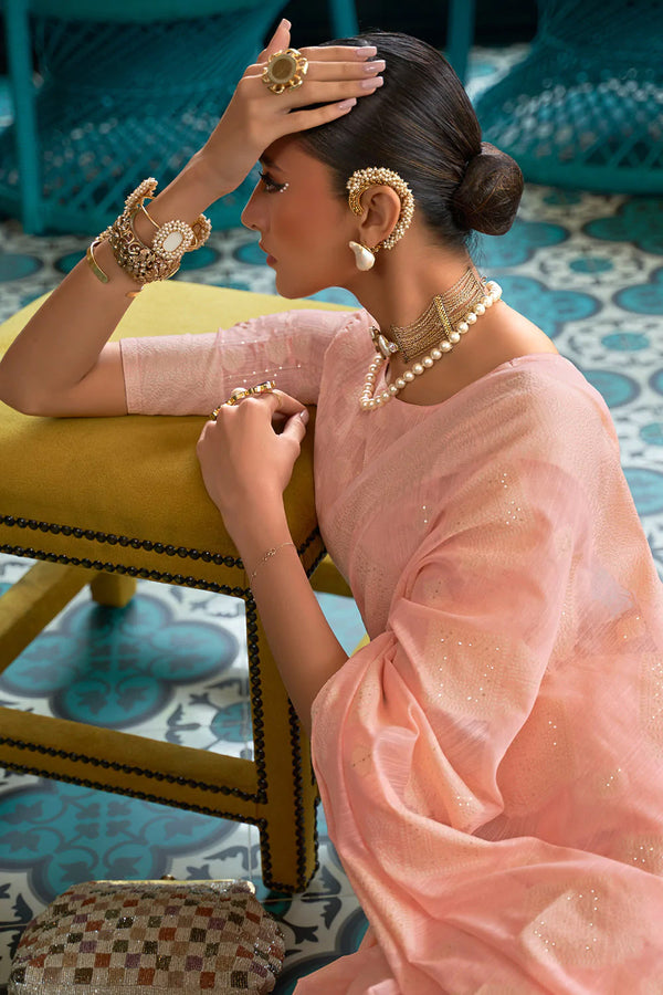 Rose Pink Chikankari Sequins Lucknowi Weaving Cotton Silk Saree