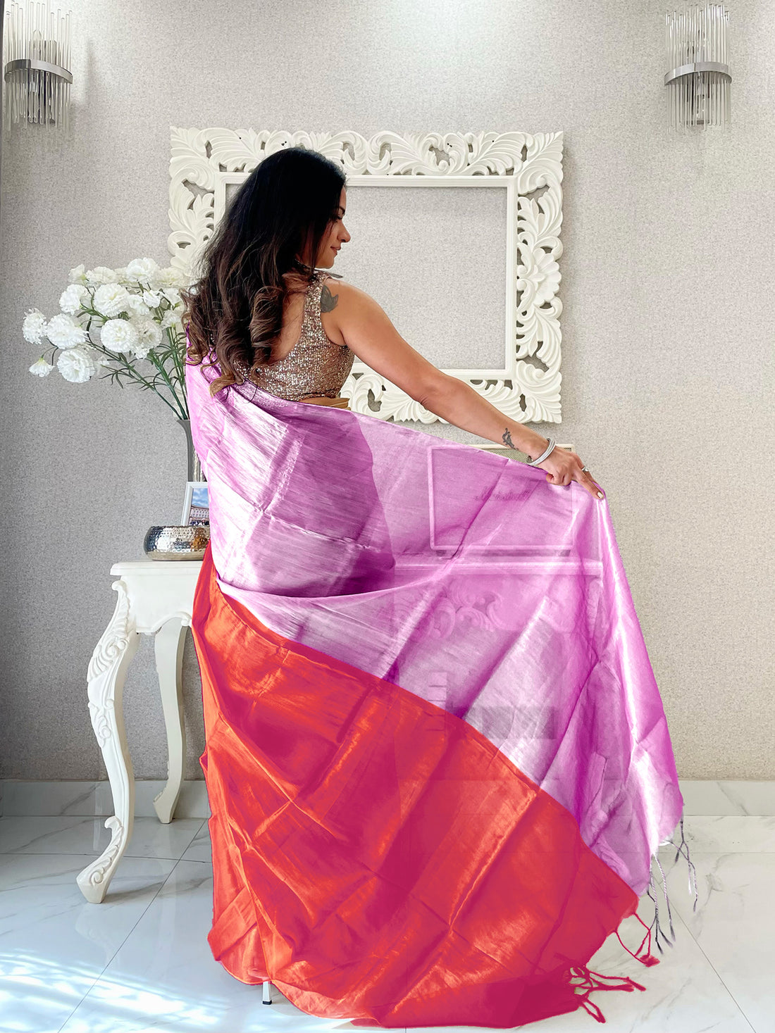 Red & Pink Handloom Cotton Tissue Saree