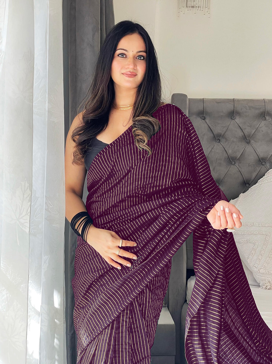 Wine Zari Stripe Handloom Cotton Saree