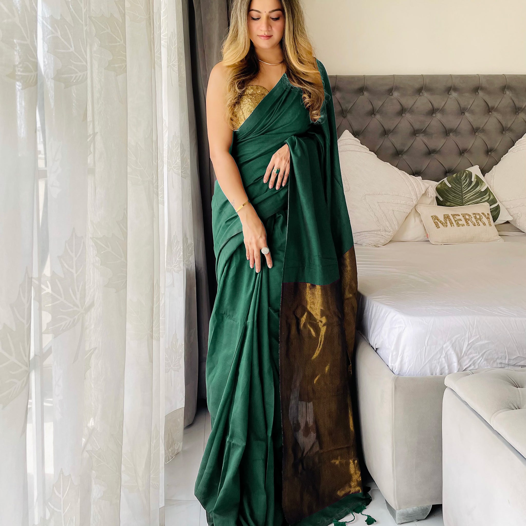 Bottle Green Handloom Cotton Saree