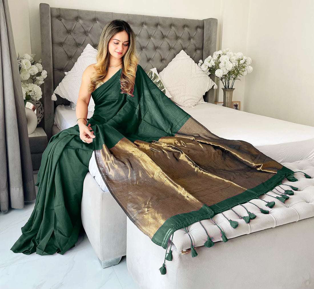 Bottle Green Handloom Cotton Saree