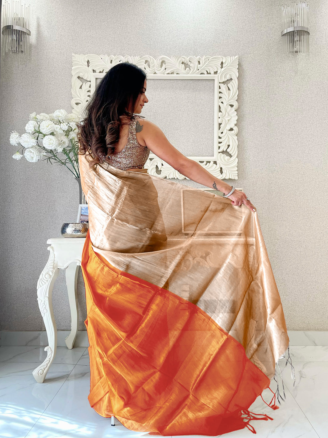 Cream & Orange Handloom Cotton Tissue Saree