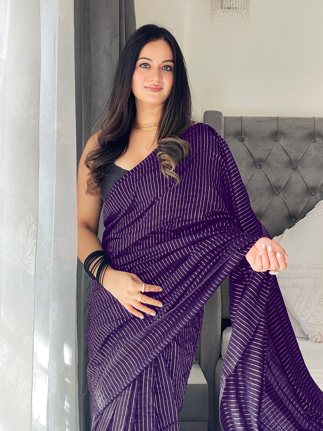 Purple Zari Stripe Handloom Cotton Saree