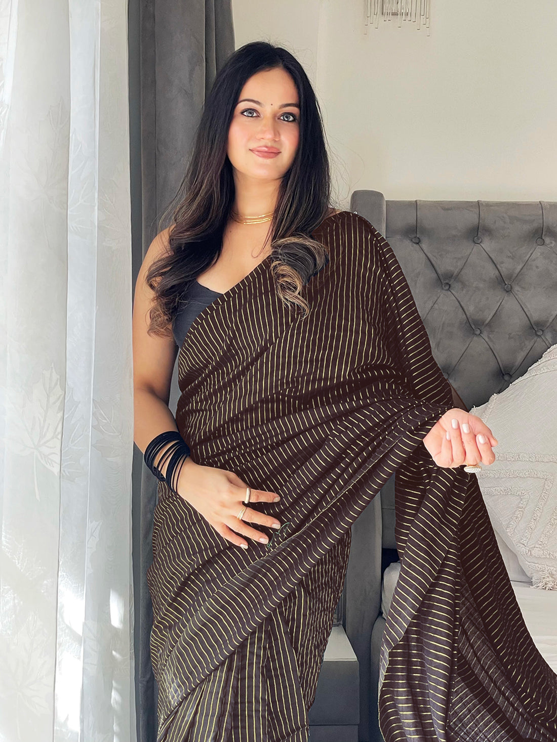 Brown Zari Stripe Handloom Cotton Saree
