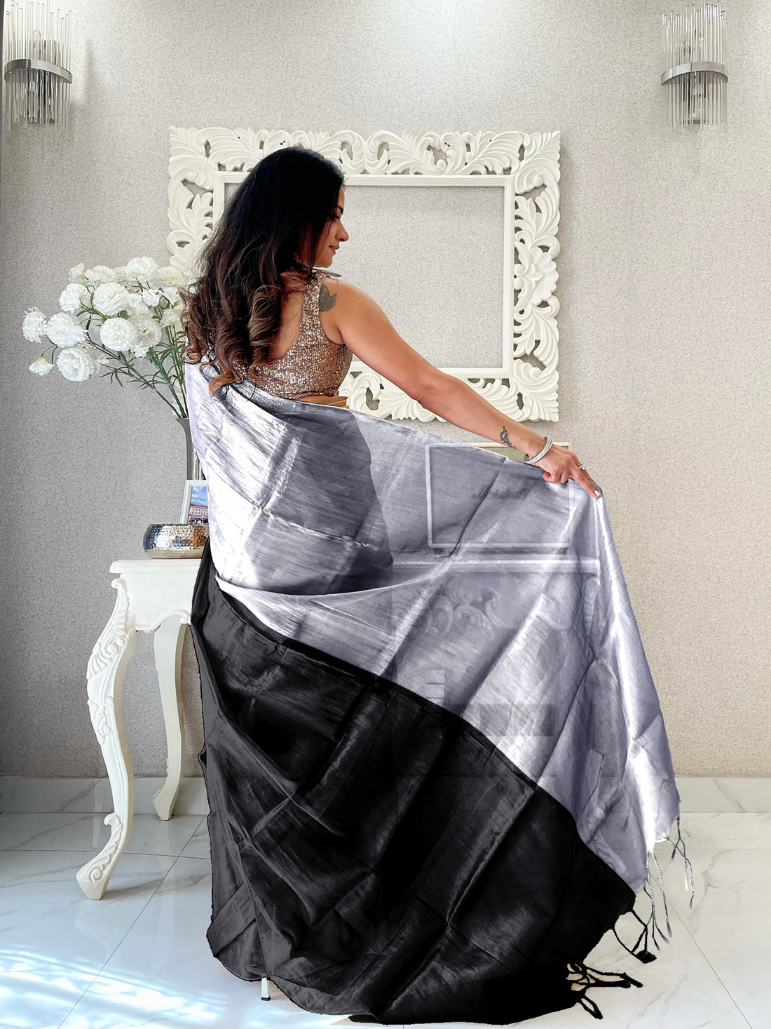 Black & Silver Handloom Cotton Tissue Saree