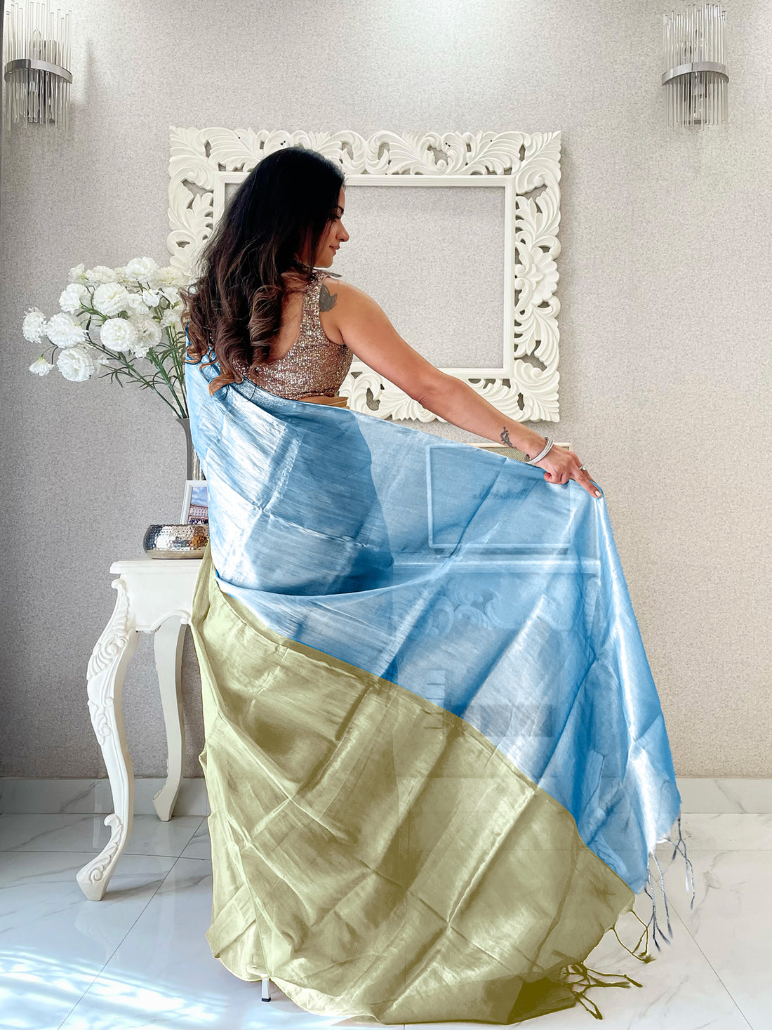 Sky & Beige Handloom Cotton Tissue Saree