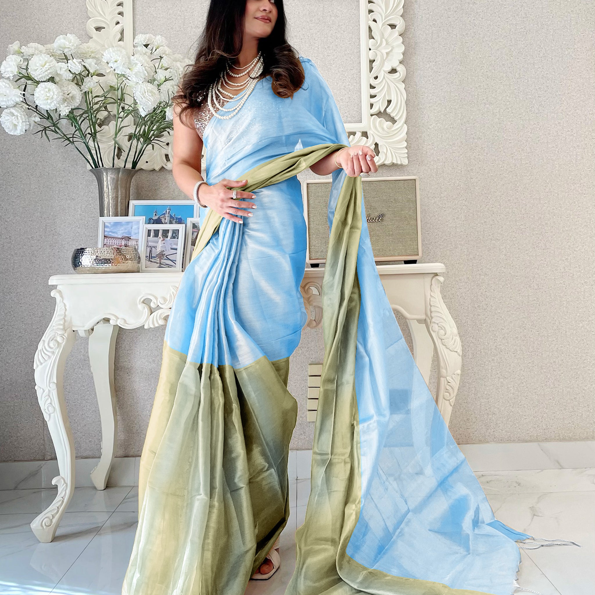 Sky & Beige Handloom Cotton Tissue Saree