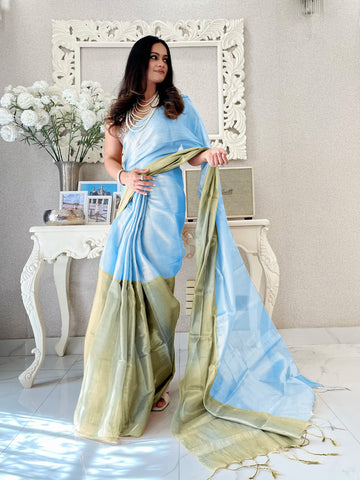 Sky & Beige Handloom Cotton Tissue Saree