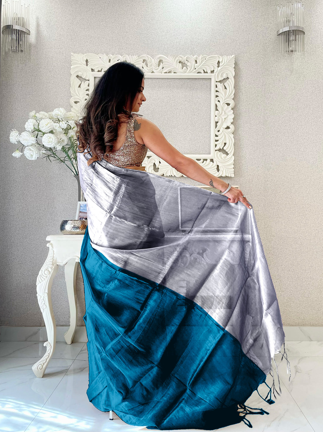 Indigo & Silver Handloom Cotton Tissue Saree
