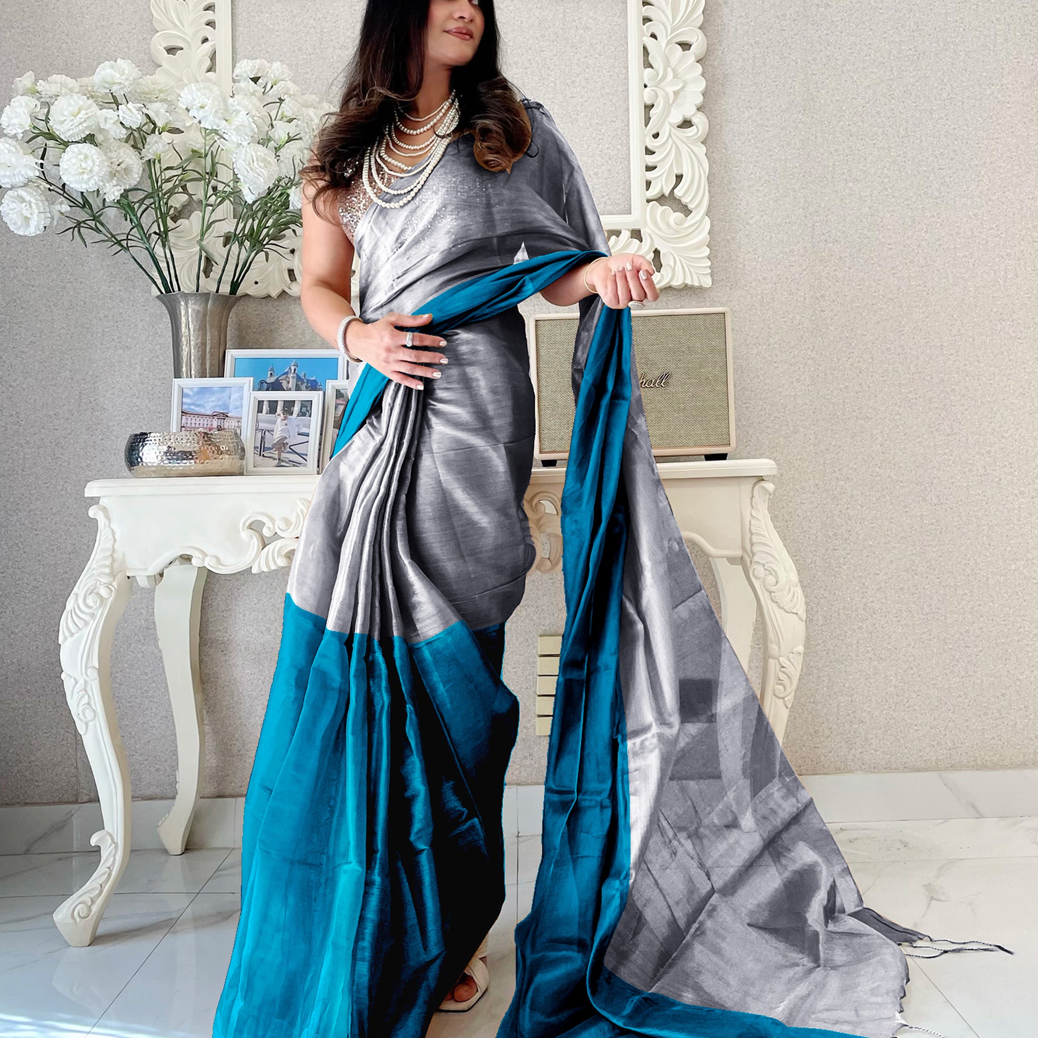 Indigo & Silver Handloom Cotton Tissue Saree
