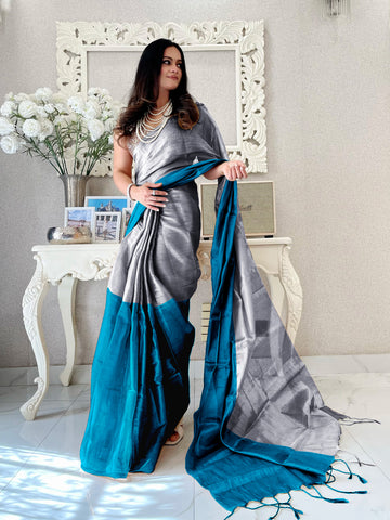 Indigo & Silver Handloom Cotton Tissue Saree