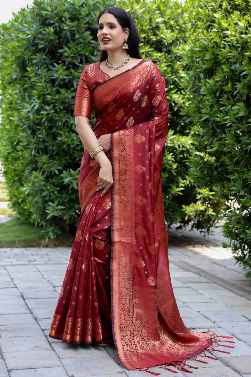 Apple Red Woven Banarasi Silk Saree