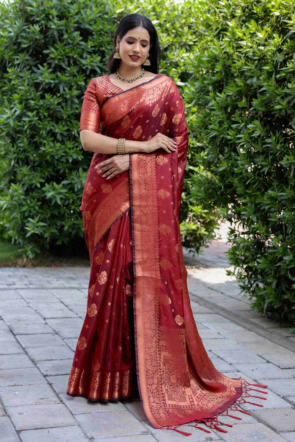 Apple Red Woven Banarasi Silk Saree