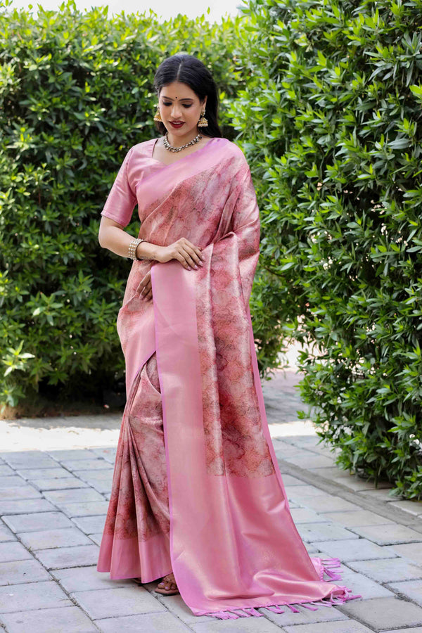 Thulian Pink Digital Printed Banarasi Silk Saree