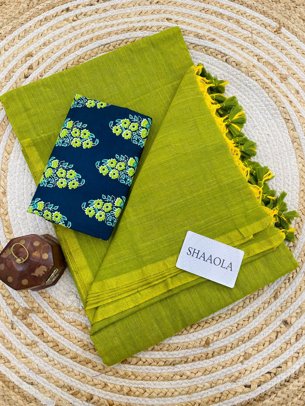 Lime Green Handloom Cotton Saree With Designer Blouse