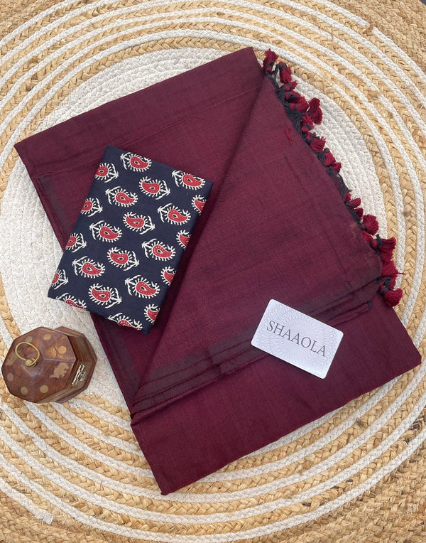 Maroon Handloom Cotton Saree With Designer Blouse