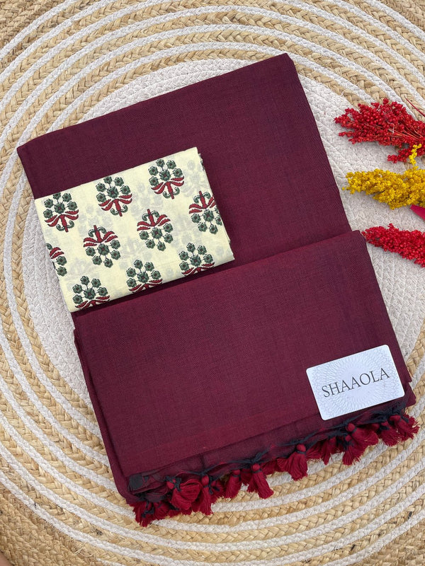 Maroon Handloom Cotton Saree With Designer Blouse