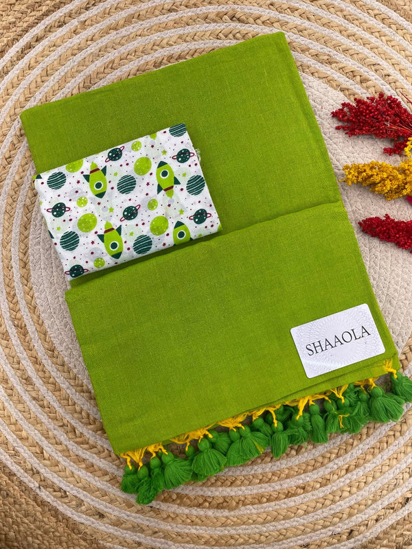 Parrot Green Handloom Cotton Saree with Designer Blouse