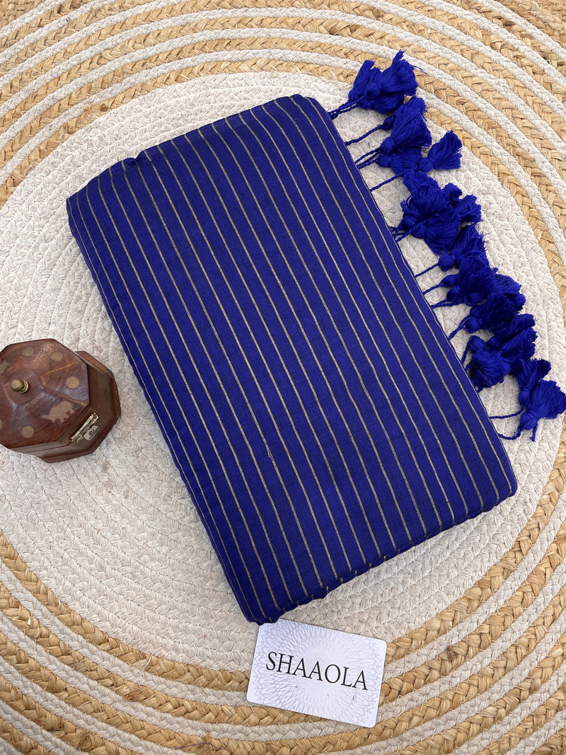 Royal Blue Zari Stripe Handloom Cotton Saree