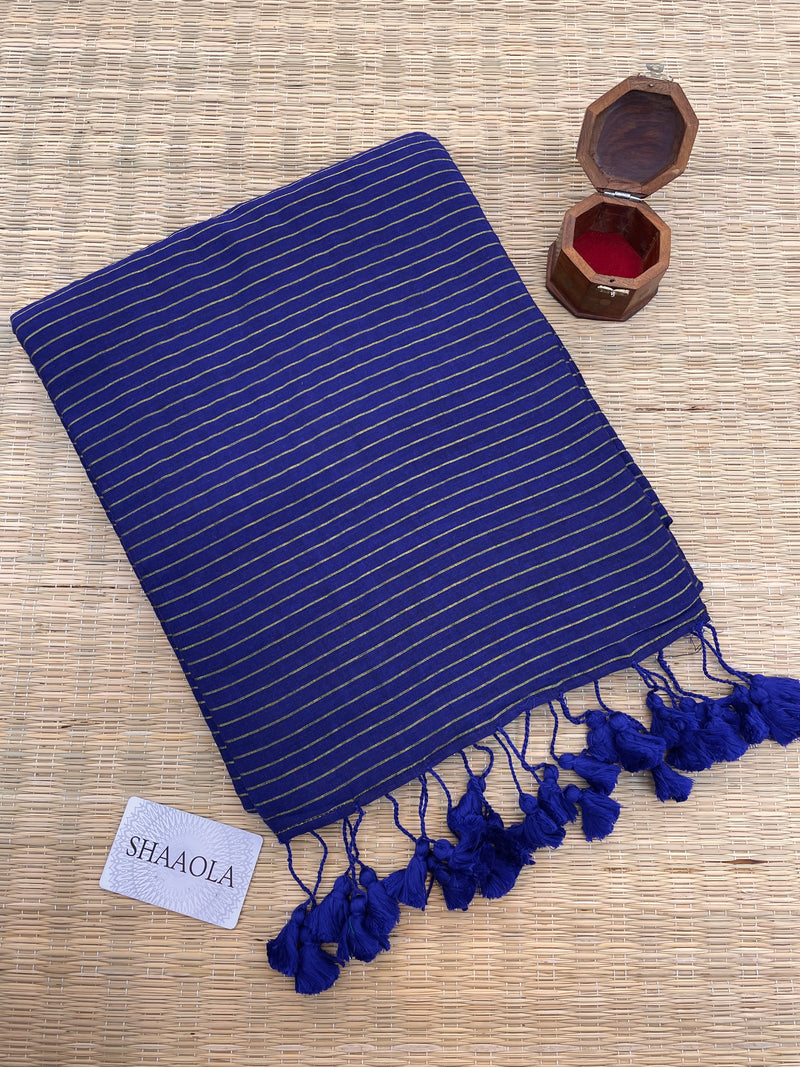 Royal Blue Zari Stripe Handloom Cotton Saree