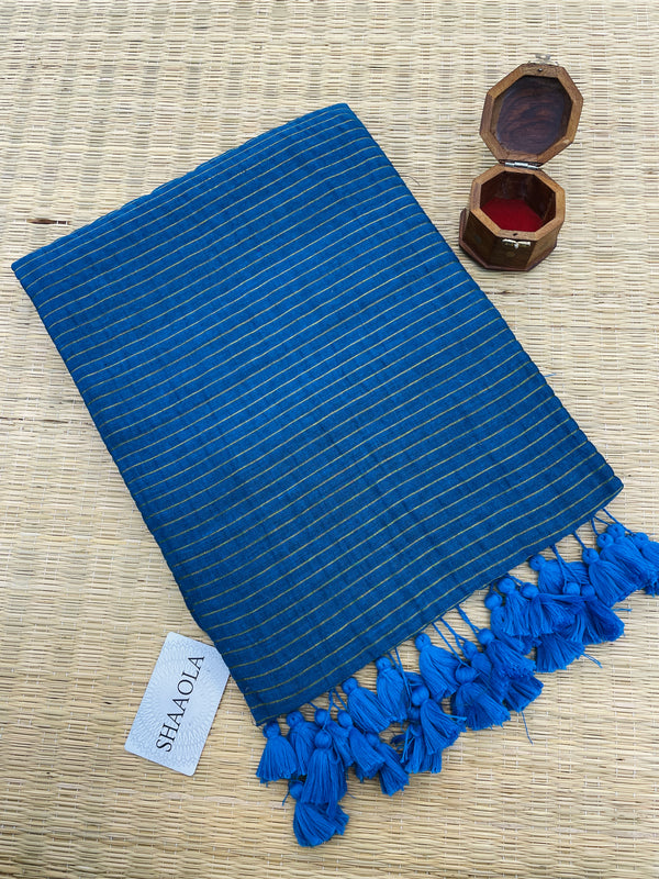 Blue Zari Stripe Handloom Cotton Saree