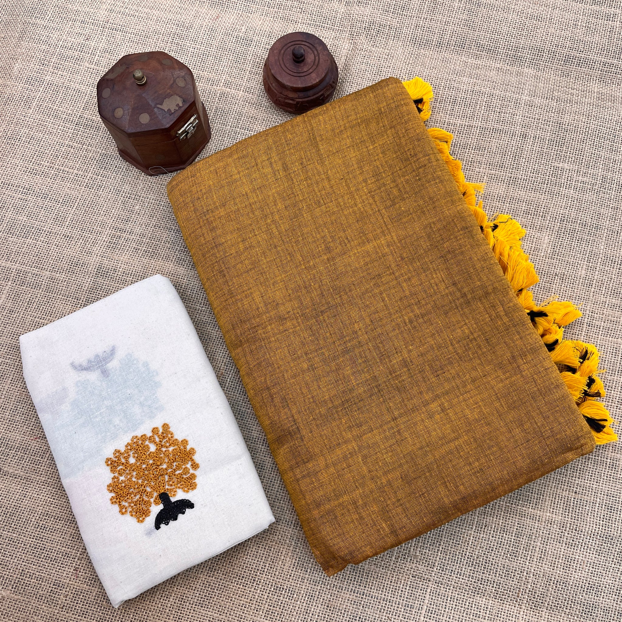 Mustard Handloom Cotton Saree With Designer Blouse