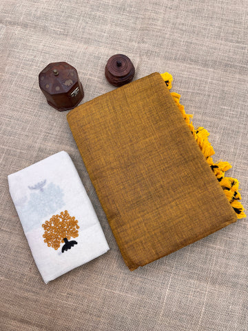 Mustard Handloom Cotton Saree With Designer Blouse
