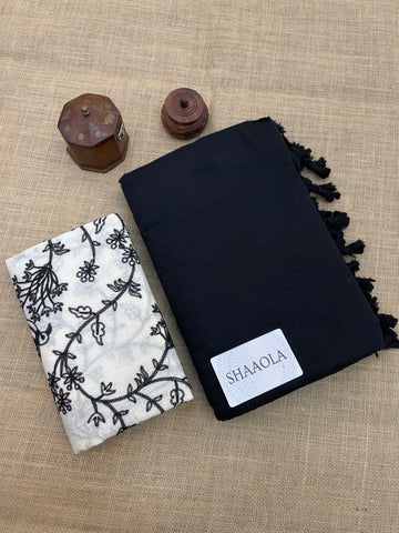 Black Handloom Cotton Saree With Designer Blouse