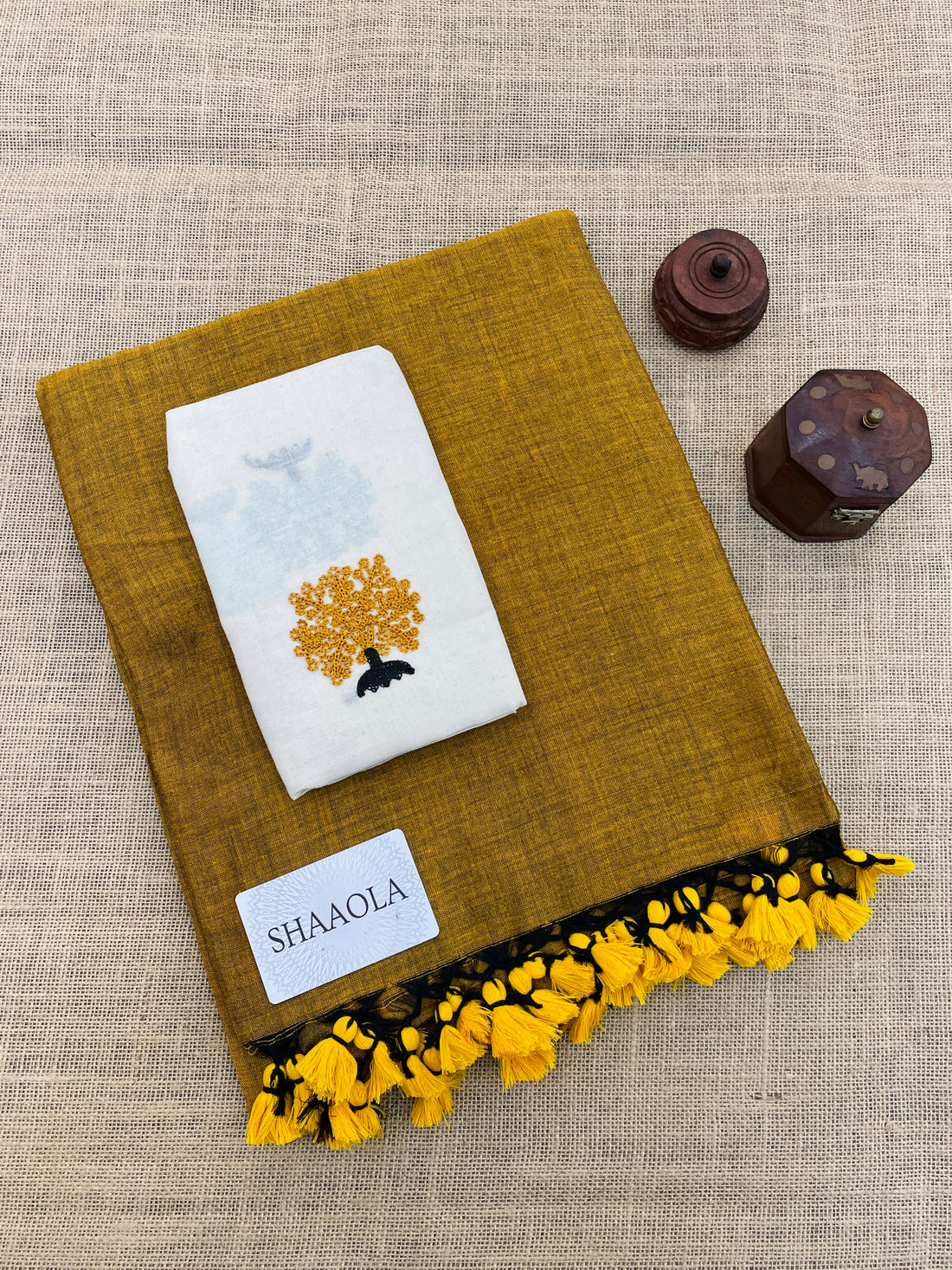 Mustard Handloom Cotton Saree With Designer Blouse