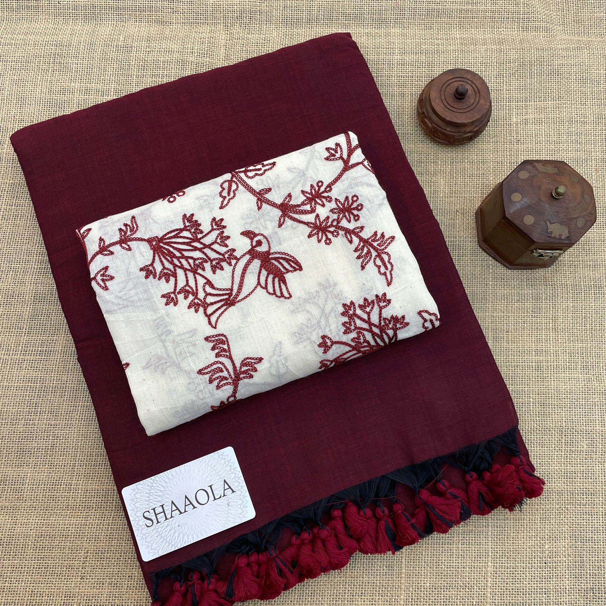 Maroon Handloom Cotton Saree With Designer Blouse