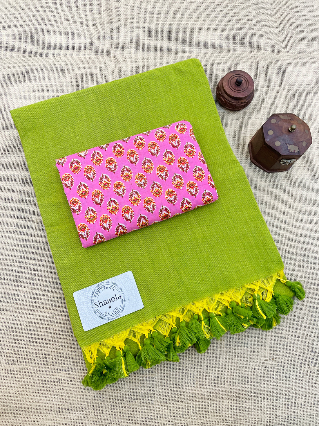 Lime Green Handloom Cotton Saree With Designer Blouse