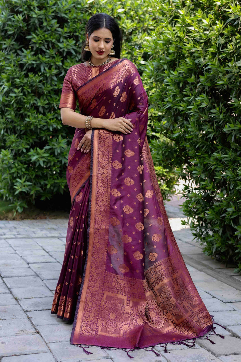 Wine Purple Woven Banarasi Silk Saree