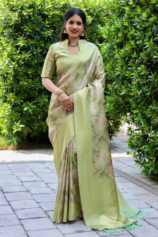 Pista Green Digital Printed Banarasi Silk Saree