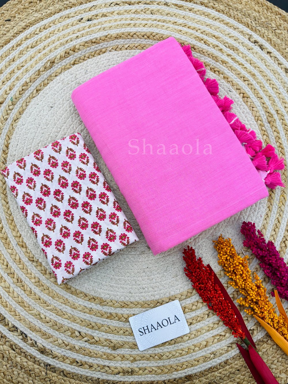 Baby Pink Handloom Cotton Saree With Designer Blouse