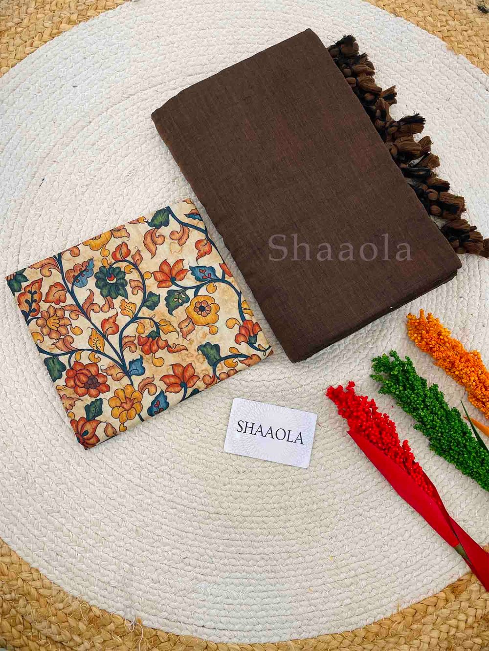 Brown Handloom Cotton Saree With Designer Blouse