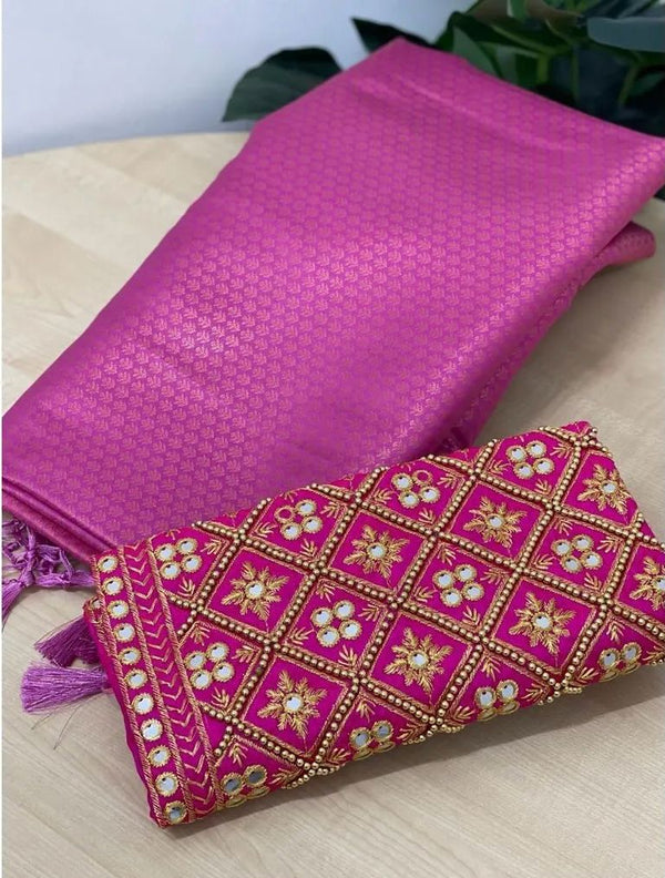 Pink Soft Pattu Silk Saree With Handwork Blouse