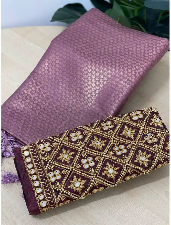 Light Purple Soft Pattu Silk Saree With Handwork Blouse