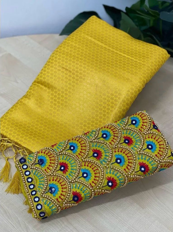 Yellow Soft Pattu Silk Saree With Handwork Blouse