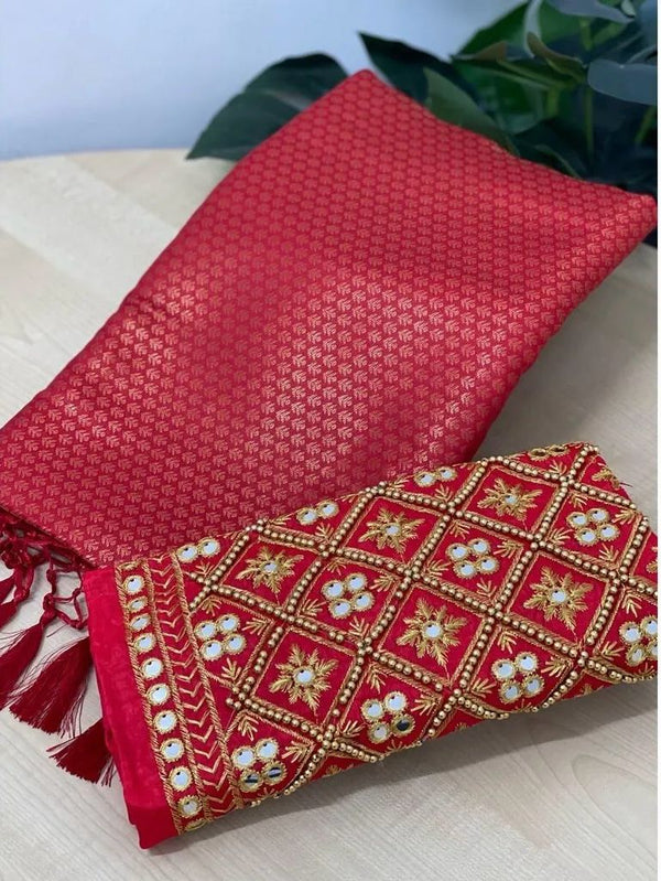 Red Soft Pattu Silk Saree With Handwork Blouse