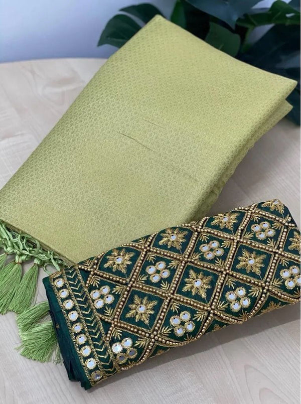Light Green Soft Pattu Silk Saree With Handwork Blouse