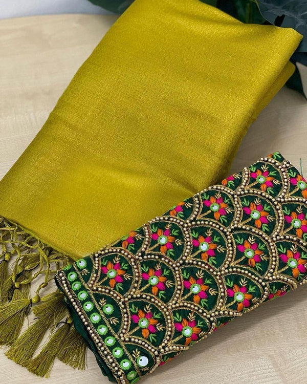 Mehendi Soft Pattu Silk Saree With Handwork Blouse