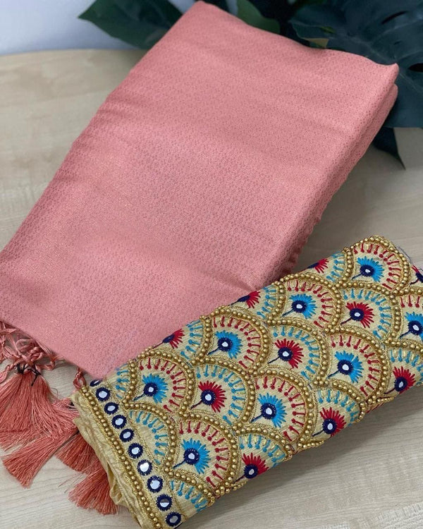 Baby Pink Soft Pattu Silk Saree With Handwork Blouse
