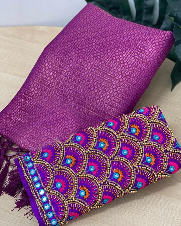 Purple Soft Pattu Silk Saree With Handwork Blouse