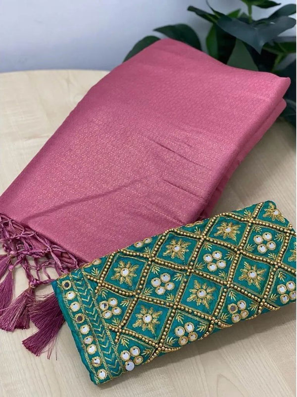 Pink Soft Pattu Silk Saree With Handwork Blouse