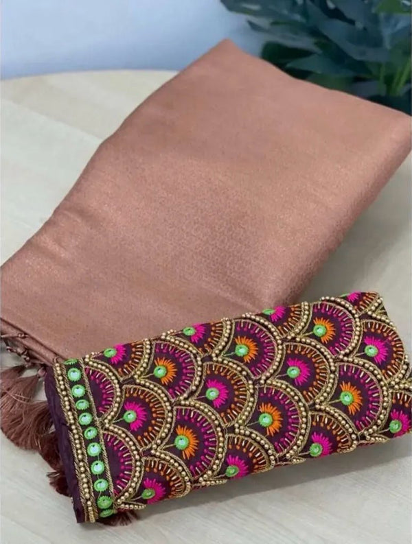 Copper Soft Pattu Silk Saree With Handwork Blouse